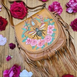 Boutique Eco Leather Fringed Bag Ft Bee & Flowers